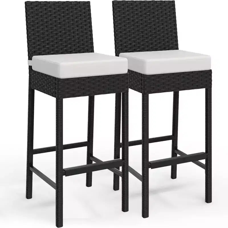 Lot de 2 tabourets de bar hauts de jardin en osier GustoWave avec coussins, sans accoudoirs, pour jardin et piscine