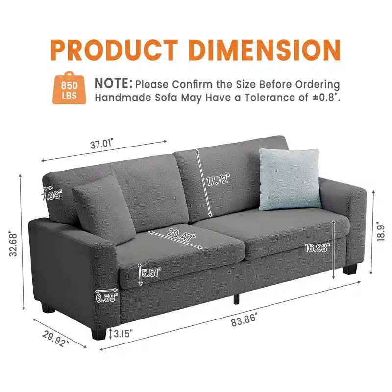 Canapé moderne 83 po avec assise profonde, accoudoirs larges, housse lavable et confort moelleux gris nuage