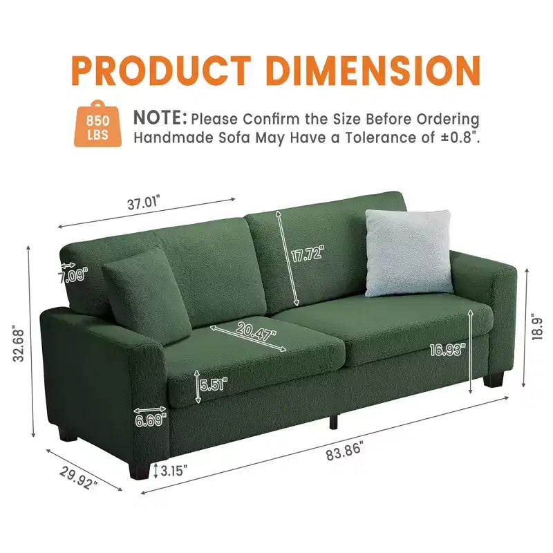 Canapé moderne 83 po avec assise profonde, accoudoirs larges, housse lavable et confort moelleux gris nuage