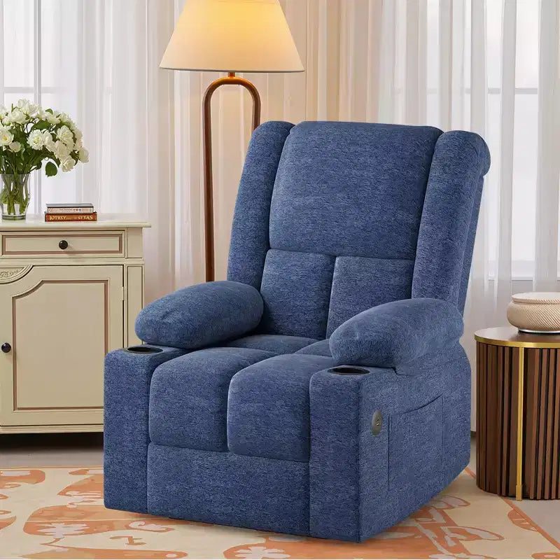 Fauteuil inclinable électrique bleu avec massage chauffant, ports USB, porte-gobelets pour le confort des personnes âgées