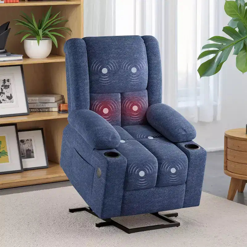 Fauteuil inclinable électrique bleu avec massage chauffant, ports USB, porte-gobelets pour le confort des personnes âgées