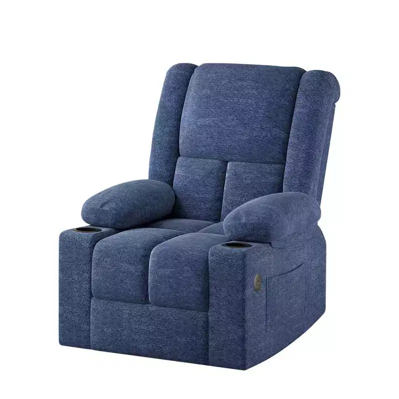 Fauteuil inclinable électrique bleu avec massage chauffant, ports USB, porte-gobelets pour le confort des personnes âgées
