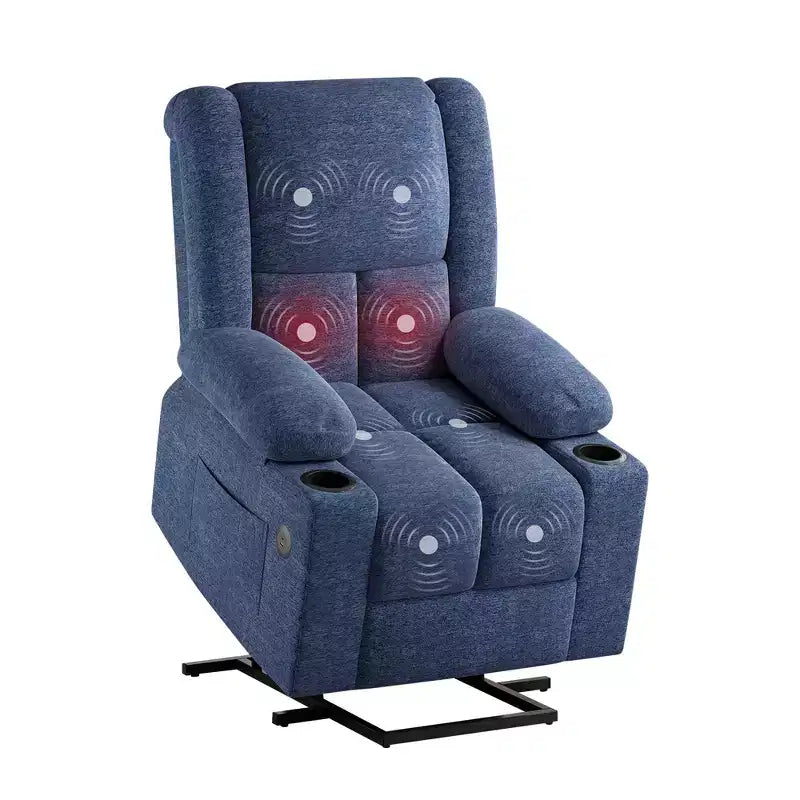 Fauteuil inclinable électrique bleu avec massage chauffant, ports USB, porte-gobelets pour le confort des personnes âgées