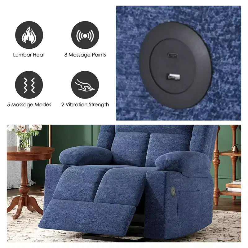 Fauteuil inclinable électrique bleu avec massage chauffant, ports USB, porte-gobelets pour le confort des personnes âgées