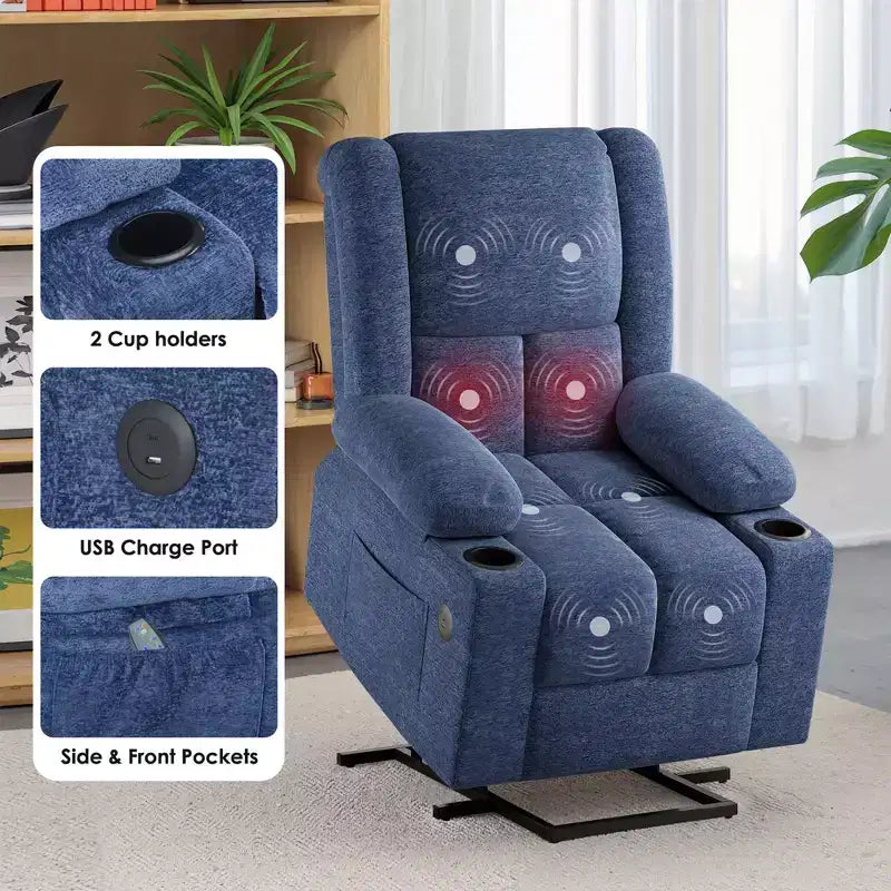 Fauteuil inclinable électrique bleu avec massage chauffant, ports USB, porte-gobelets pour le confort des personnes âgées