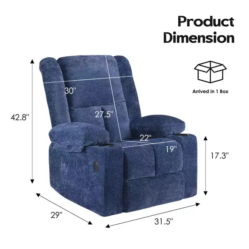Fauteuil inclinable électrique bleu avec massage chauffant, ports USB, porte-gobelets pour le confort des personnes âgées