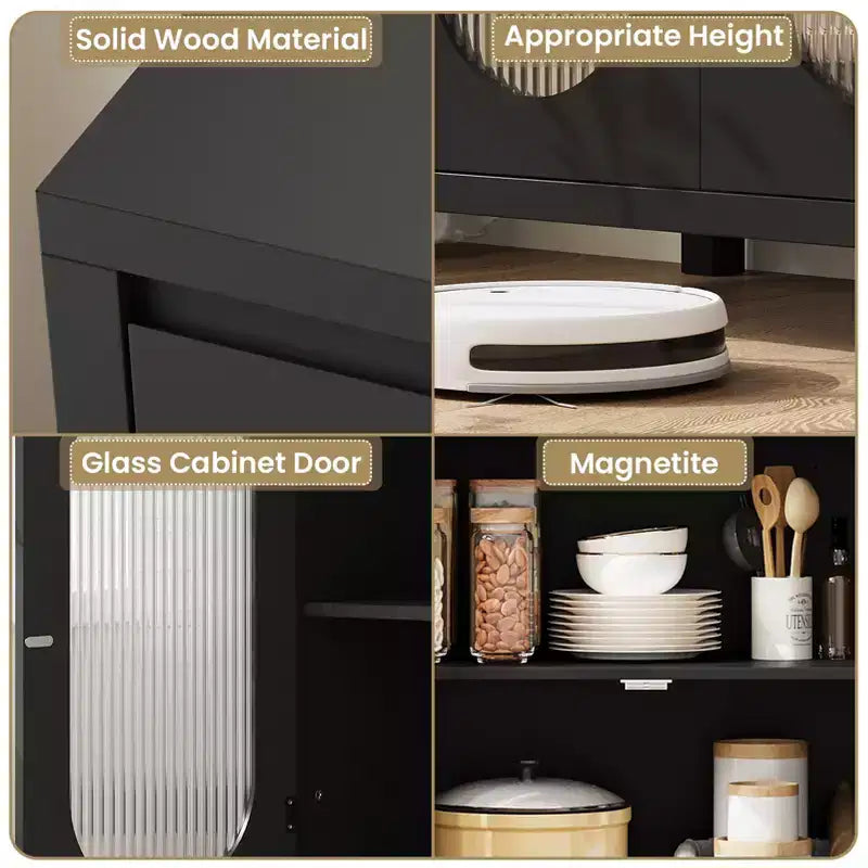 32 armoires buffet modernes avec portes vitrées et étagères réglables, rangement d'appoint noir pour le salon