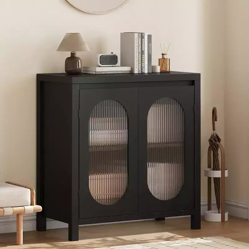 32 armoires buffet modernes avec portes vitrées et étagères réglables, rangement d'appoint noir pour le salon