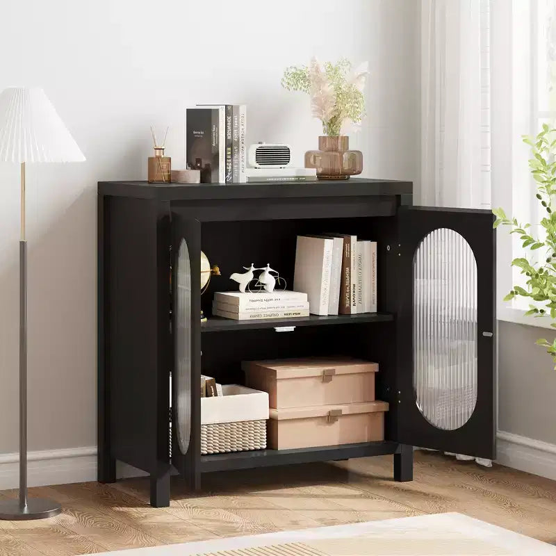 32 armoires buffet modernes avec portes vitrées et étagères réglables, rangement d'appoint noir pour le salon