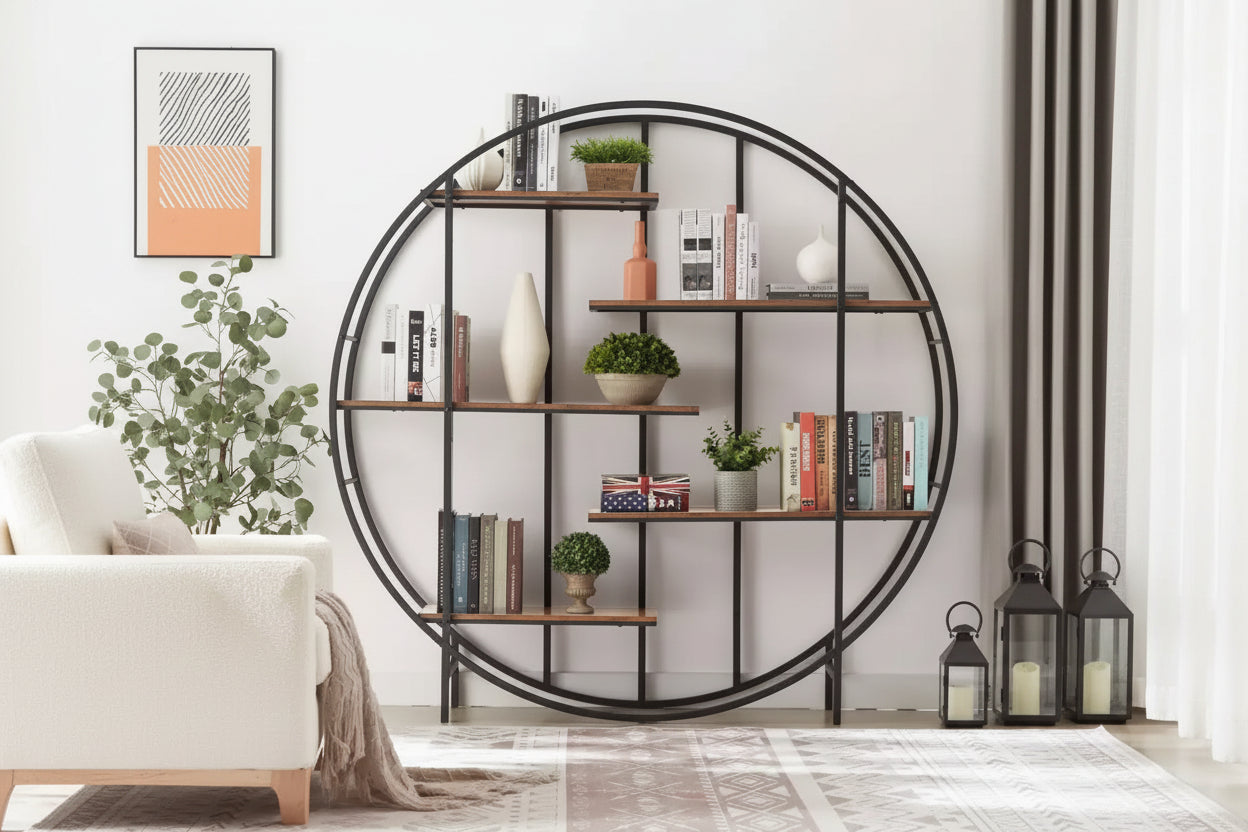 TROPOW Round 5-Tier Metal Plant Stand Bookcase Storage Rack, Indoor Living Room Terrace Garden Balcony Display Stand. Rustic Brown,