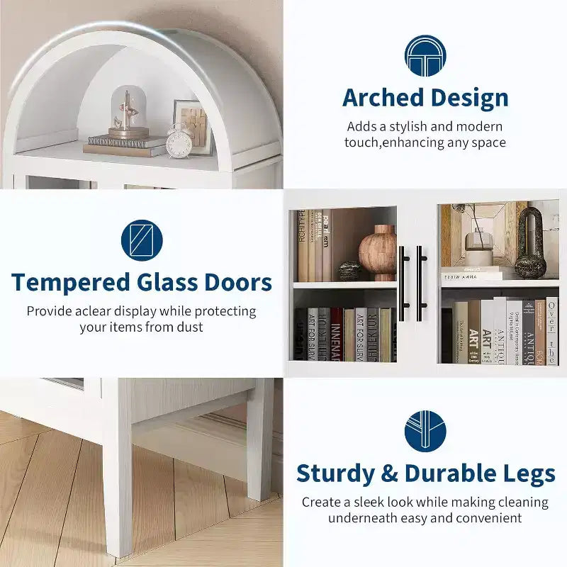 Meuble de rangement de cuisine moderne de 60 po de largeur avec portes en verre et étagère ouverte, armoire blanche pour salle à manger et salon