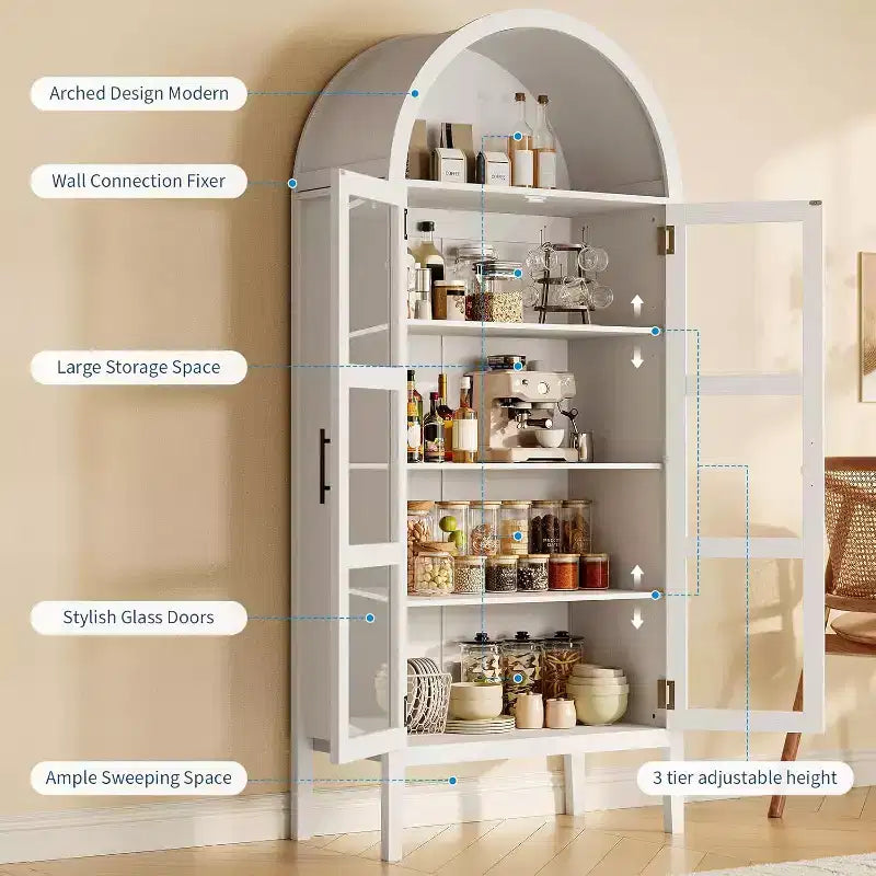 Meuble de rangement de cuisine moderne de 60 po de largeur avec portes en verre et étagère ouverte, armoire blanche pour salle à manger et salon