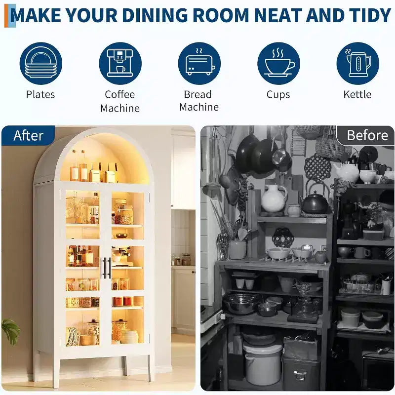 Meuble de rangement de cuisine moderne de 60 po de largeur avec portes en verre et étagère ouverte, armoire blanche pour salle à manger et salon