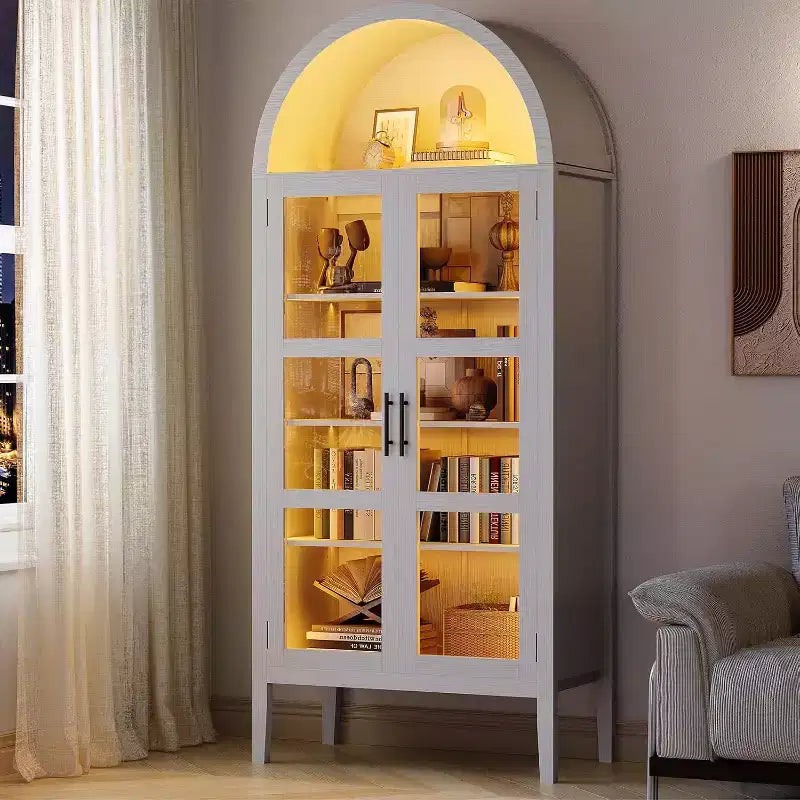 Meuble de rangement de cuisine moderne de 60 po de largeur avec portes en verre et étagère ouverte, armoire blanche pour salle à manger et salon