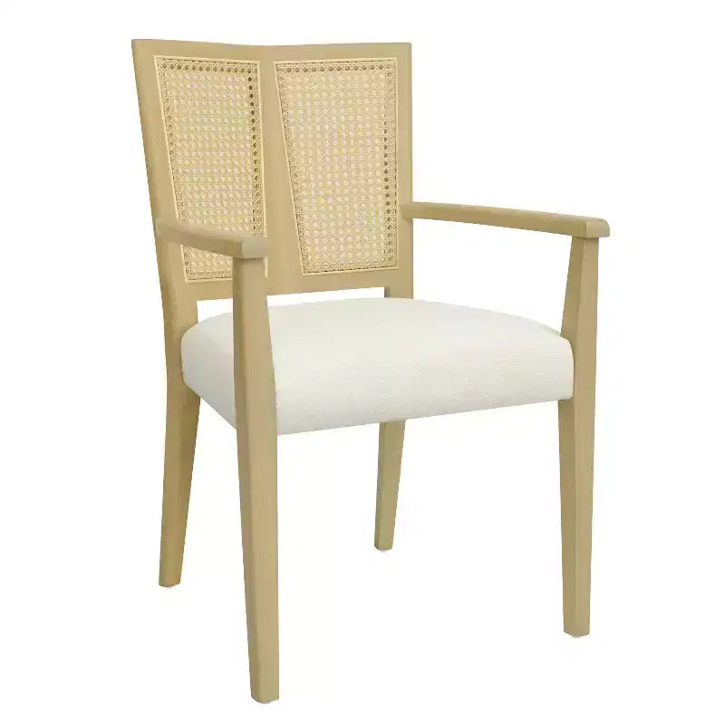 2 chaises de salle à manger modernes rembourrées en tissu avec accoudoirs, dossier en rotin, pieds en bois massif, couleur naturelle