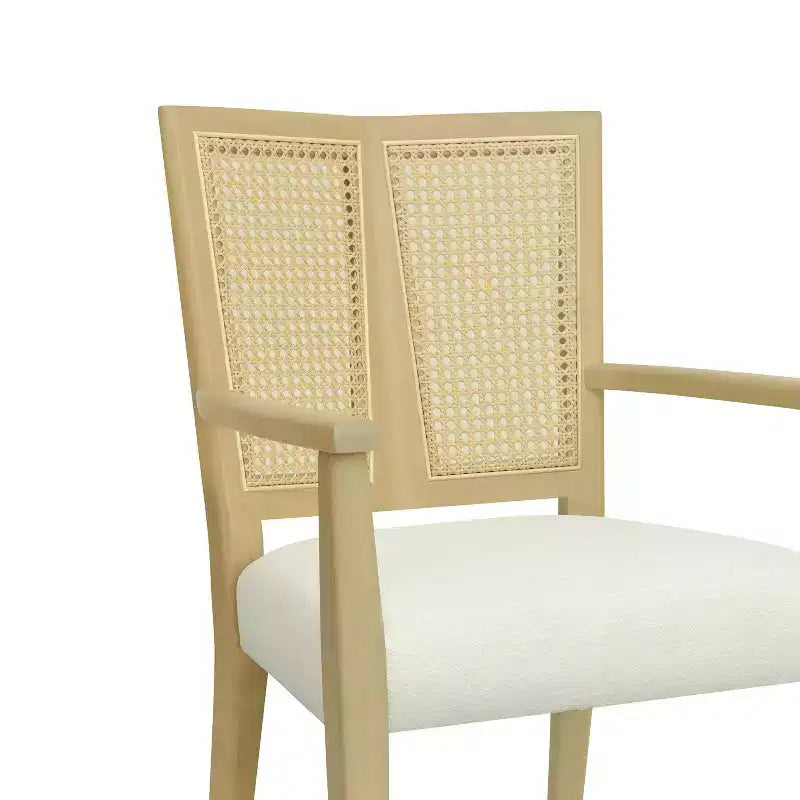 2 chaises de salle à manger modernes rembourrées en tissu avec accoudoirs, dossier en rotin, pieds en bois massif, couleur naturelle