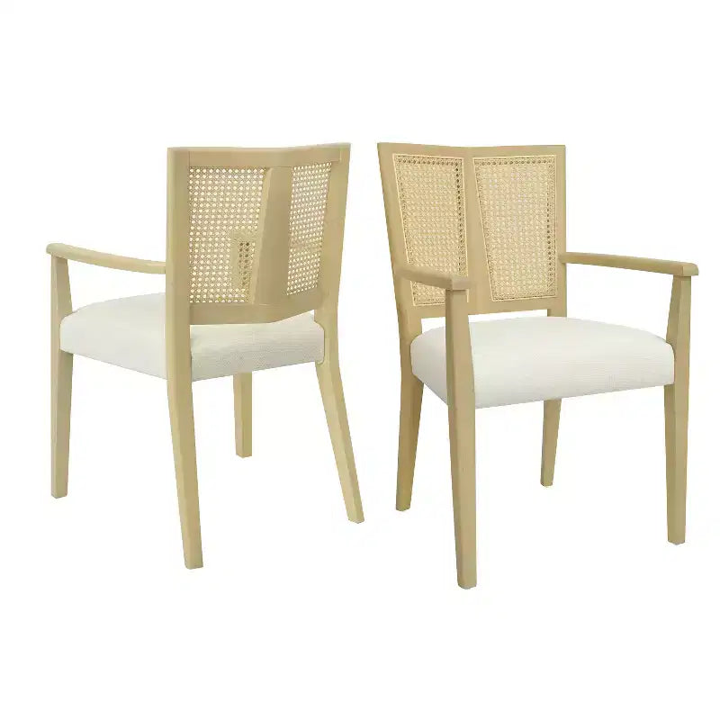 2 chaises de salle à manger modernes rembourrées en tissu avec accoudoirs, dossier en rotin, pieds en bois massif, couleur naturelle