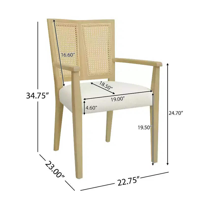 2 chaises de salle à manger modernes rembourrées en tissu avec accoudoirs, dossier en rotin, pieds en bois massif, couleur naturelle