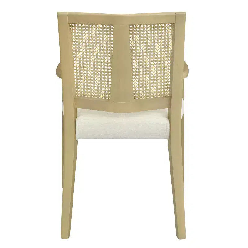 2 chaises de salle à manger modernes rembourrées en tissu avec accoudoirs, dossier en rotin, pieds en bois massif, couleur naturelle