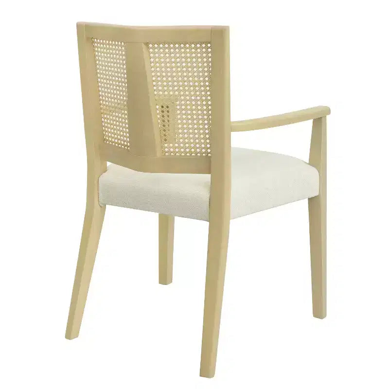2 chaises de salle à manger modernes rembourrées en tissu avec accoudoirs, dossier en rotin, pieds en bois massif, couleur naturelle