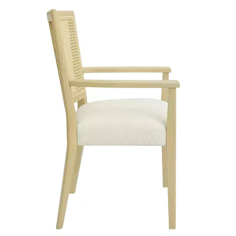 2 chaises de salle à manger modernes rembourrées en tissu avec accoudoirs, dossier en rotin, pieds en bois massif, couleur naturelle