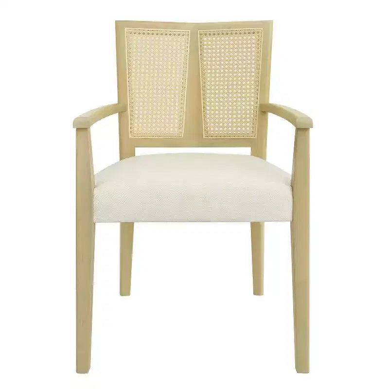 2 chaises de salle à manger modernes rembourrées en tissu avec accoudoirs, dossier en rotin, pieds en bois massif, couleur naturelle