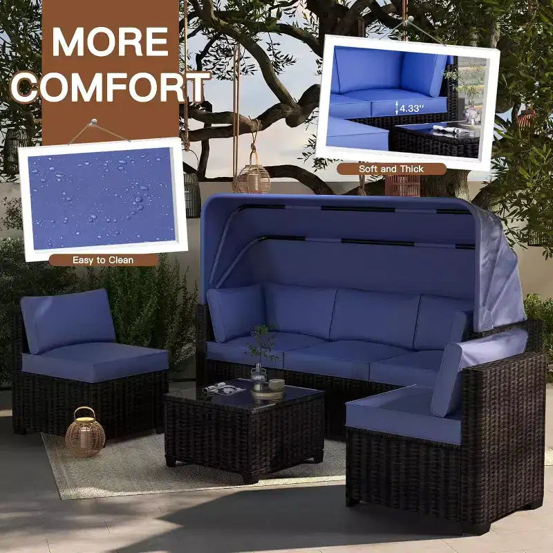 Ensemble de canapés modulaires de patio 4 pièces, lit de jour en rotin PE, chaise longue d'extérieur en osier, dossier réglable, pour la piscine, le jardin