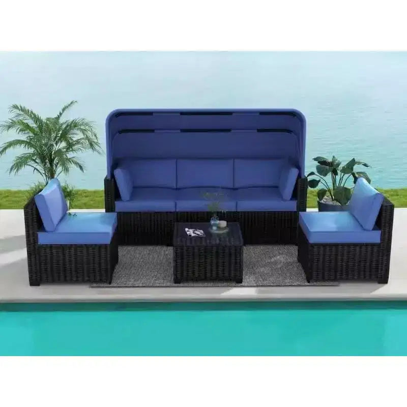 Ensemble de canapés modulaires de patio 4 pièces, lit de jour en rotin PE, chaise longue d'extérieur en osier, dossier réglable, pour la piscine, le jardin