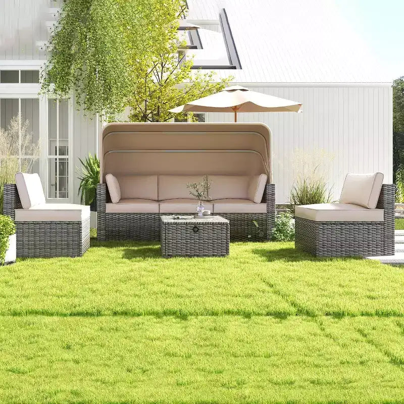 Ensemble de canapés modulaires de patio 4 pièces, lit de jour en rotin PE, chaise longue d'extérieur en osier, dossier réglable, pour la piscine, le jardin