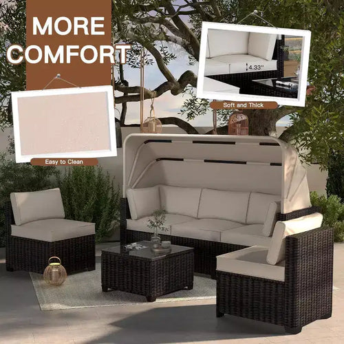 Ensemble de canapés modulaires de patio 4 pièces, lit de jour en rotin PE, chaise longue d'extérieur en osier, dossier réglable, pour la piscine, le jardin