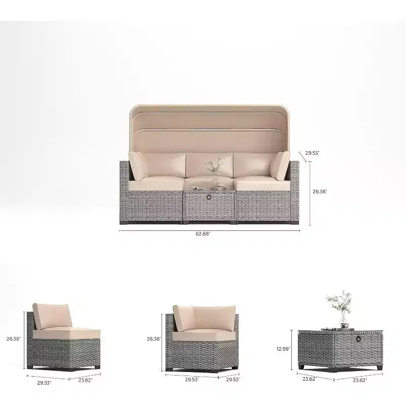 Ensemble de canapés modulaires de patio 4 pièces, lit de jour en rotin PE, chaise longue d'extérieur en osier, dossier réglable, pour la piscine, le jardin