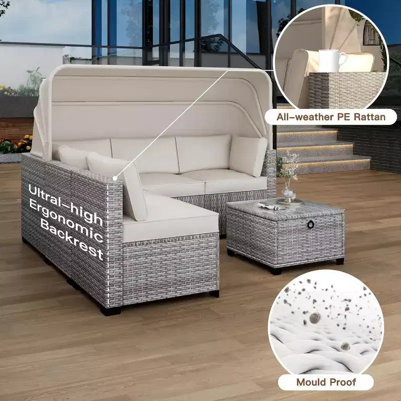 Ensemble de canapés modulaires de patio 4 pièces, lit de jour en rotin PE, chaise longue d'extérieur en osier, dossier réglable, pour la piscine, le jardin