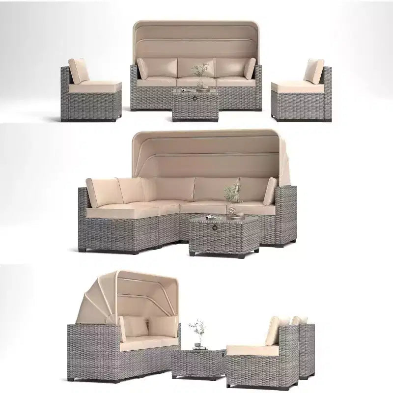 Ensemble de canapés modulaires de patio 4 pièces, lit de jour en rotin PE, chaise longue d'extérieur en osier, dossier réglable, pour la piscine, le jardin