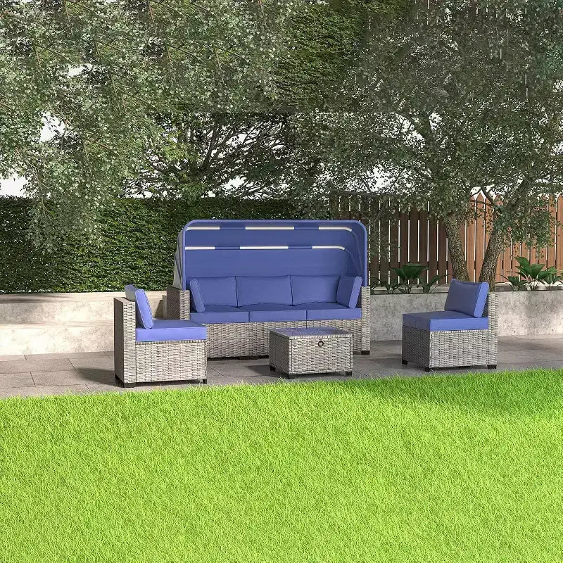 Ensemble de canapés modulaires de patio 4 pièces, lit de jour en rotin PE, chaise longue d'extérieur en osier, dossier réglable, pour la piscine, le jardin