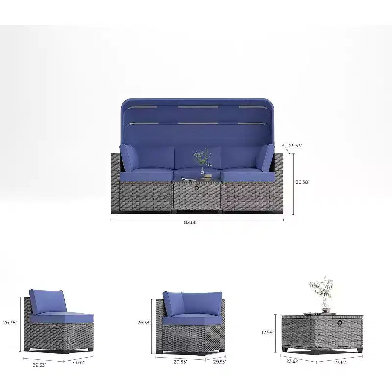 Ensemble de canapés modulaires de patio 4 pièces, lit de jour en rotin PE, chaise longue d'extérieur en osier, dossier réglable, pour la piscine, le jardin