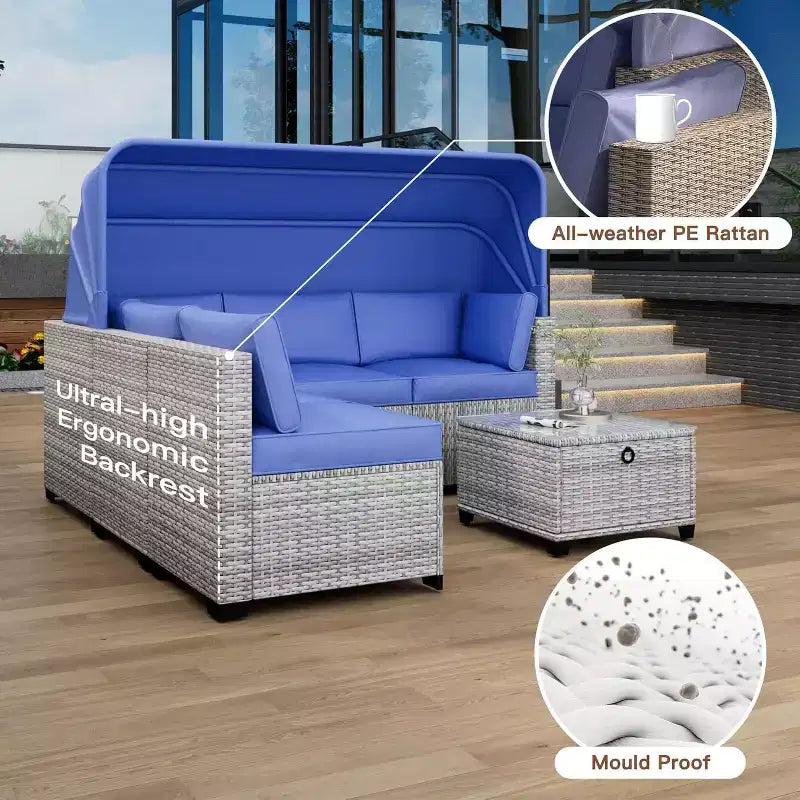 Ensemble de canapés modulaires de patio 4 pièces, lit de jour en rotin PE, chaise longue d'extérieur en osier, dossier réglable, pour la piscine, le jardin