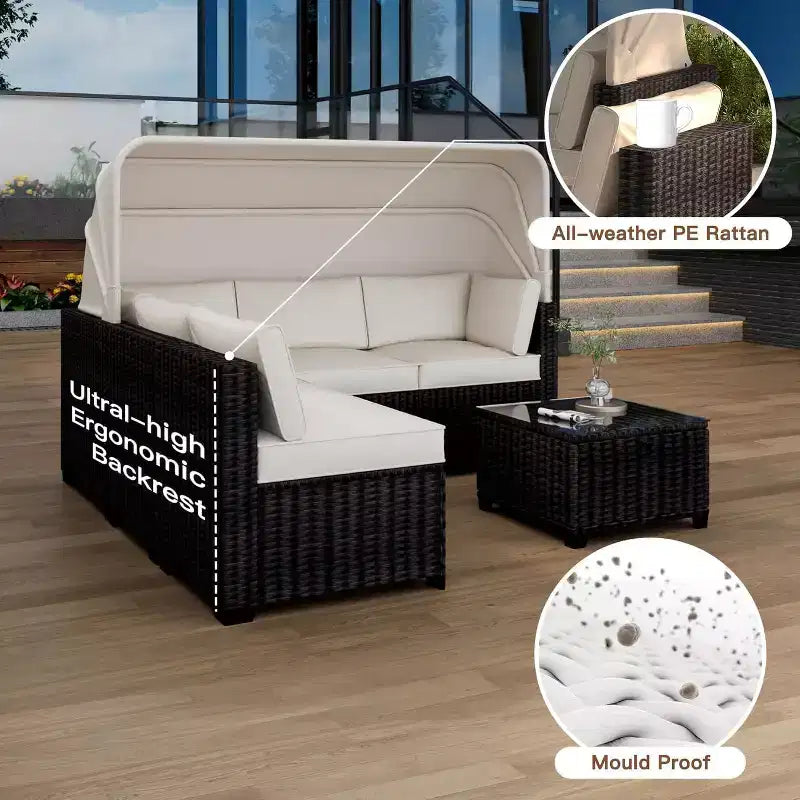 Ensemble de canapés modulaires de patio 4 pièces, lit de jour en rotin PE, chaise longue d'extérieur en osier, dossier réglable, pour la piscine, le jardin