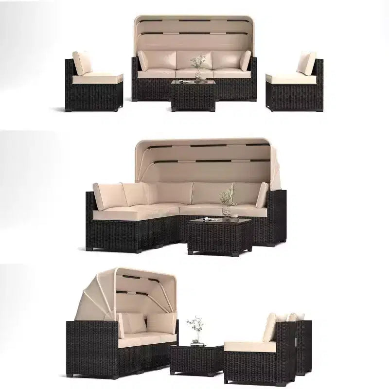 Ensemble de canapés modulaires de patio 4 pièces, lit de jour en rotin PE, chaise longue d'extérieur en osier, dossier réglable, pour la piscine, le jardin
