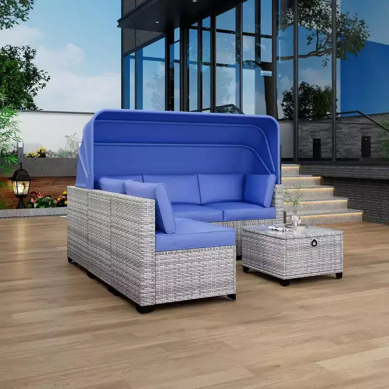 Ensemble de canapés modulaires de patio 4 pièces, lit de jour en rotin PE, chaise longue d'extérieur en osier, dossier réglable, pour la piscine, le jardin