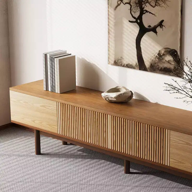 Meuble TV Mid-Century Modern 86,6 po en bois massif, console média avec espace de rangement, couleur naturelle