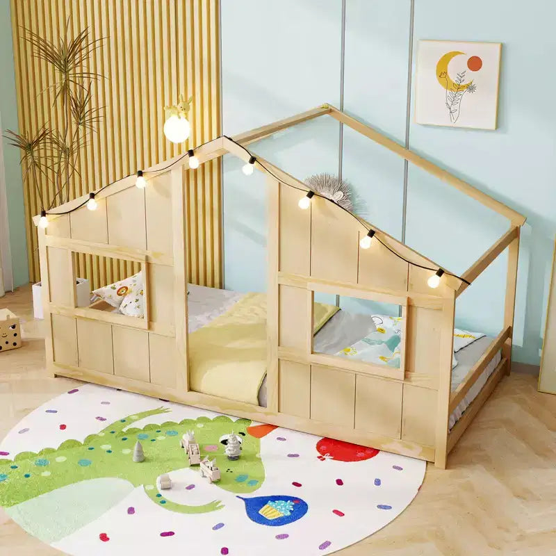 Lit cabane pour enfants avec lumières LED, cadre en bois massif, sans sommier à lattes, gris/naturel/blanc