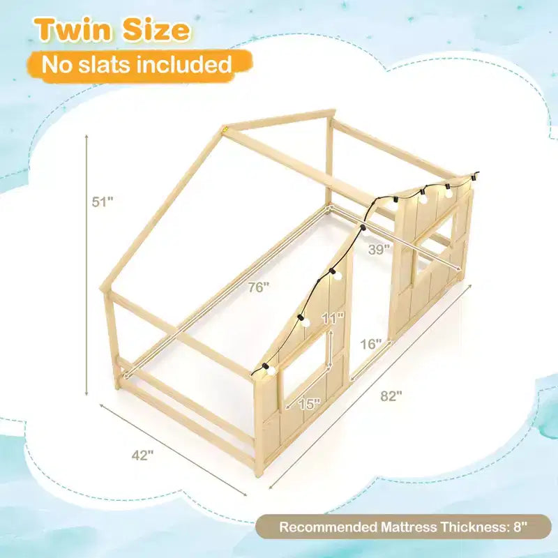 Lit cabane pour enfants avec lumières LED, cadre en bois massif, sans sommier à lattes, gris/naturel/blanc