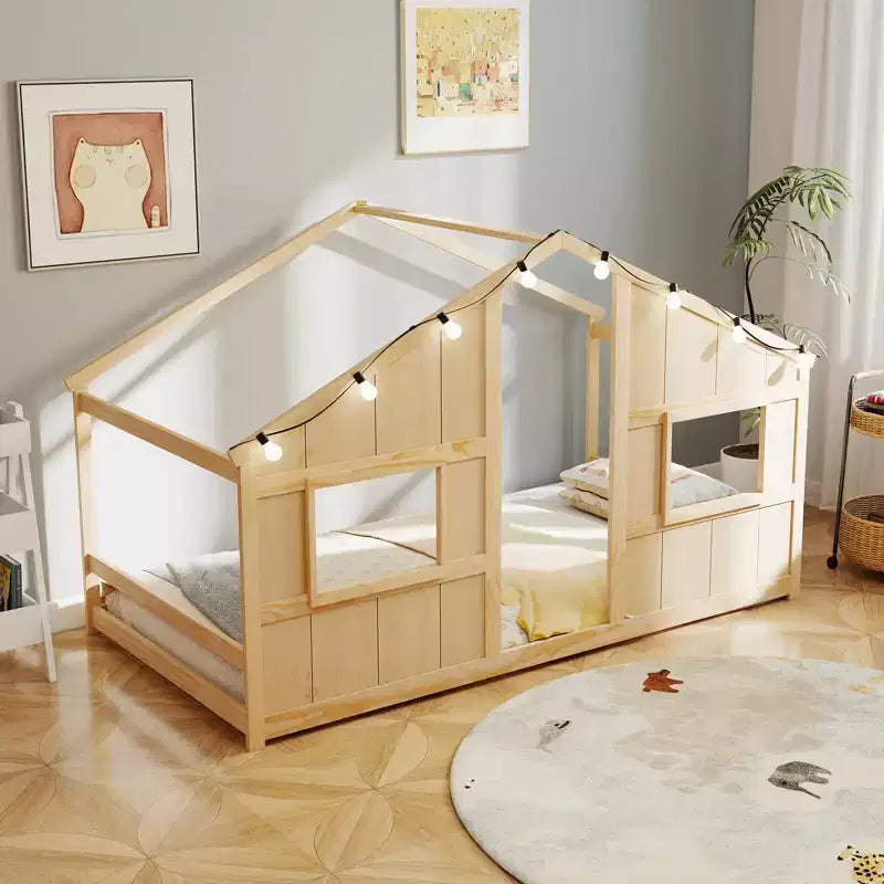 Lit cabane pour enfants avec lumières LED, cadre en bois massif, sans sommier à lattes, gris/naturel/blanc