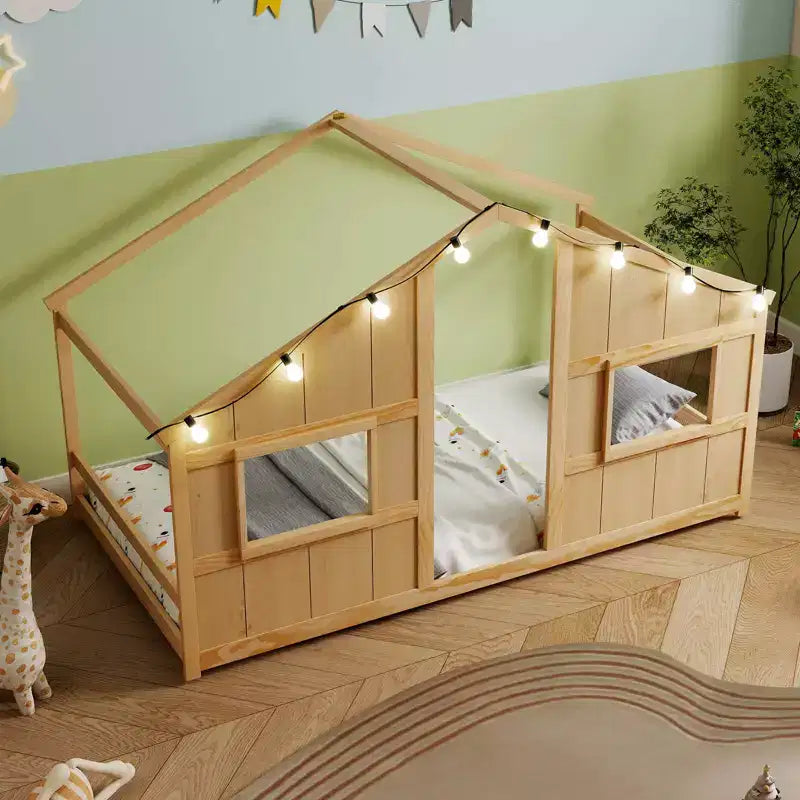 Lit cabane pour enfants avec lumières LED, cadre en bois massif, sans sommier à lattes, gris/naturel/blanc