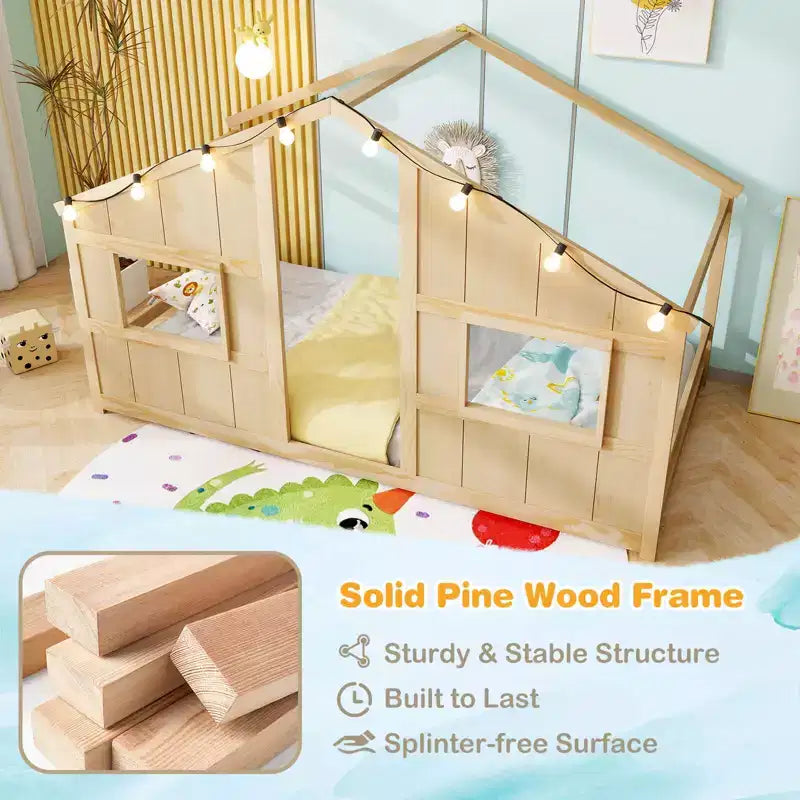 Lit cabane pour enfants avec lumières LED, cadre en bois massif, sans sommier à lattes, gris/naturel/blanc