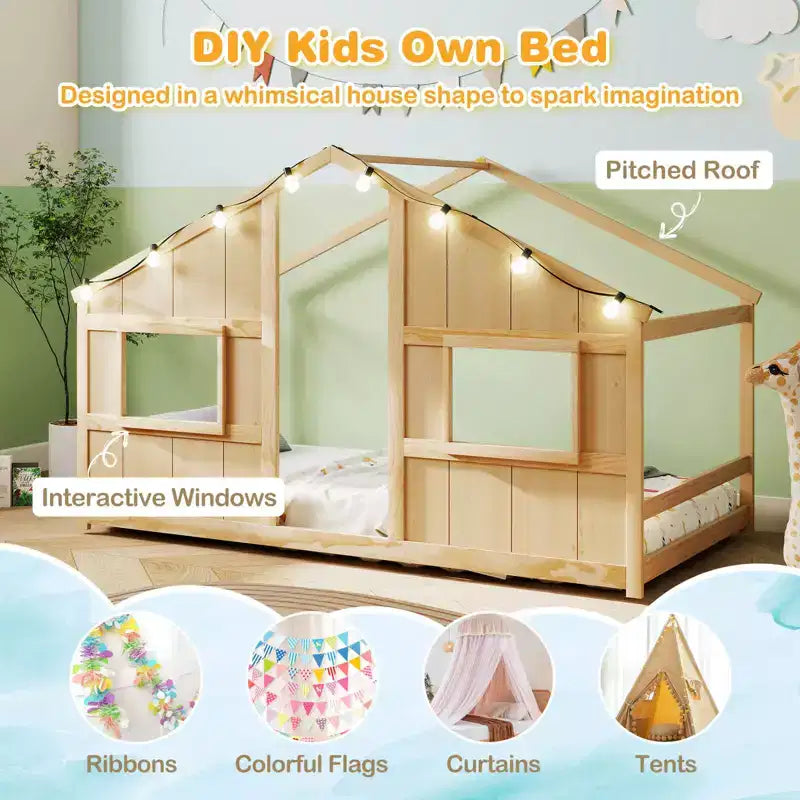 Lit cabane pour enfants avec lumières LED, cadre en bois massif, sans sommier à lattes, gris/naturel/blanc