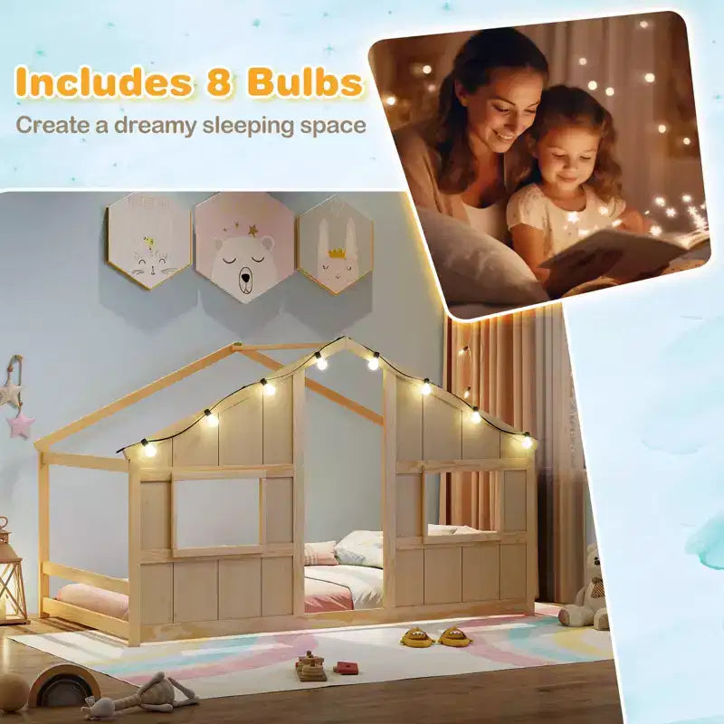 Lit cabane pour enfants avec lumières LED, cadre en bois massif, sans sommier à lattes, gris/naturel/blanc