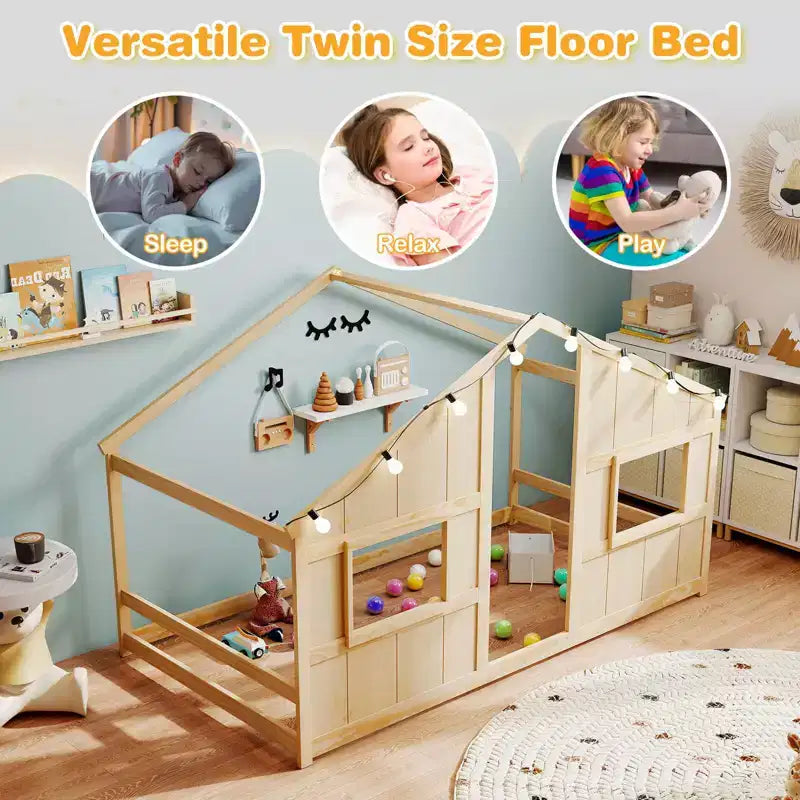 Lit cabane pour enfants avec lumières LED, cadre en bois massif, sans sommier à lattes, gris/naturel/blanc