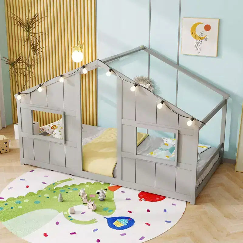 Lit cabane pour enfants avec lumières LED, cadre en bois massif, sans sommier à lattes, gris/naturel/blanc