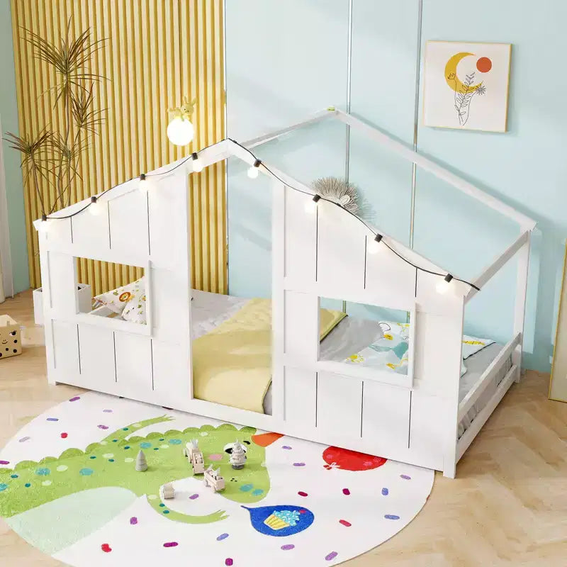 Lit cabane pour enfants avec lumières LED, cadre en bois massif, sans sommier à lattes, gris/naturel/blanc